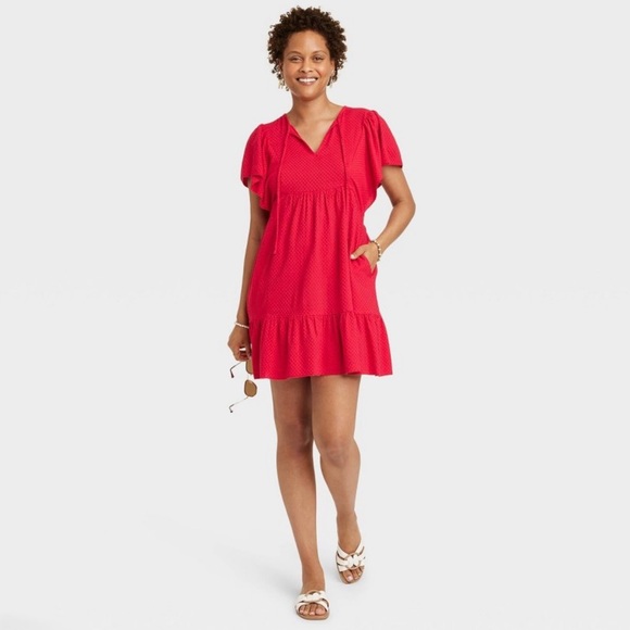 Ruffle Short Sleeve A-Line Dress - Knox Rose Red S Neck V - Picture 3 of 8